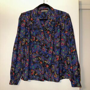 Lady Manhattan Vintage 12 Colorful Retro Paisley Button Down Collar Satin Shirt